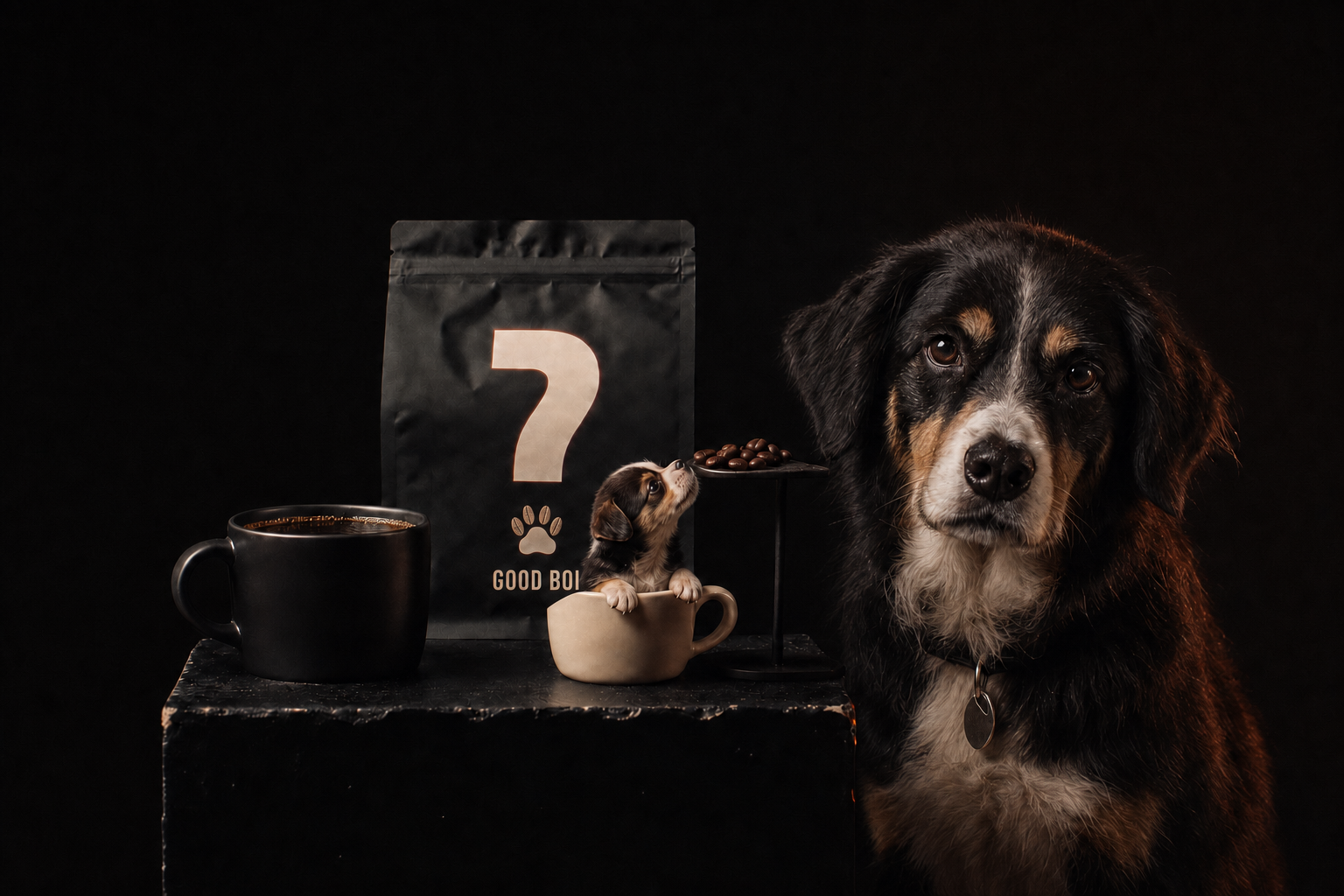 A photorealistic Beans beside a Good Boi coffee bag with a question-mark logo and coffee-bean paw toes, plus a tiny puppy sniffing roasted beans