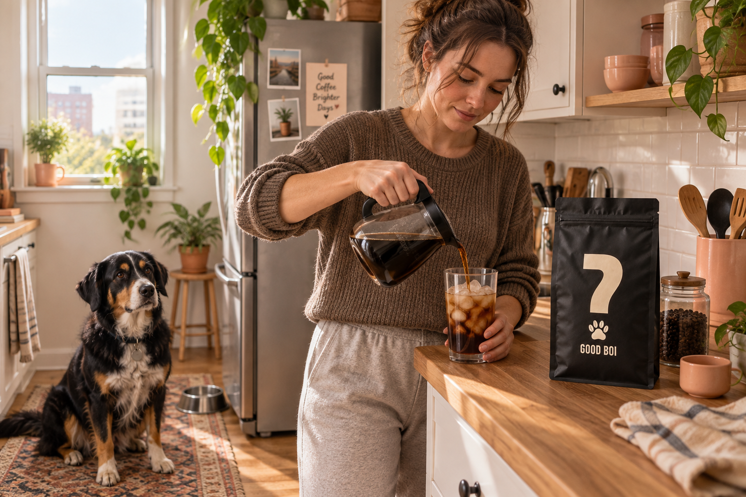 AI-created scene of a woman making coffee while a dog waits on the floor