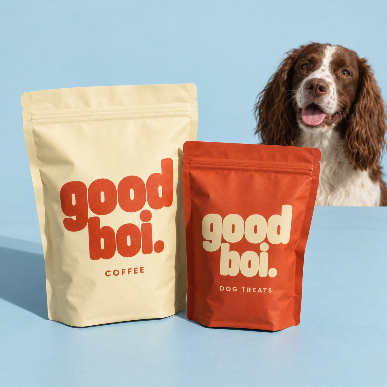 Concept cream coffee pouch and red dog-treat pouch, with Good Boi lettering and a spaniel behind them; not final products